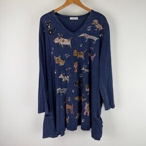 Jess & Jane Womens 3X Dog Print Tunic Top Navy Blue Long Sleeve V-Neck Pockets